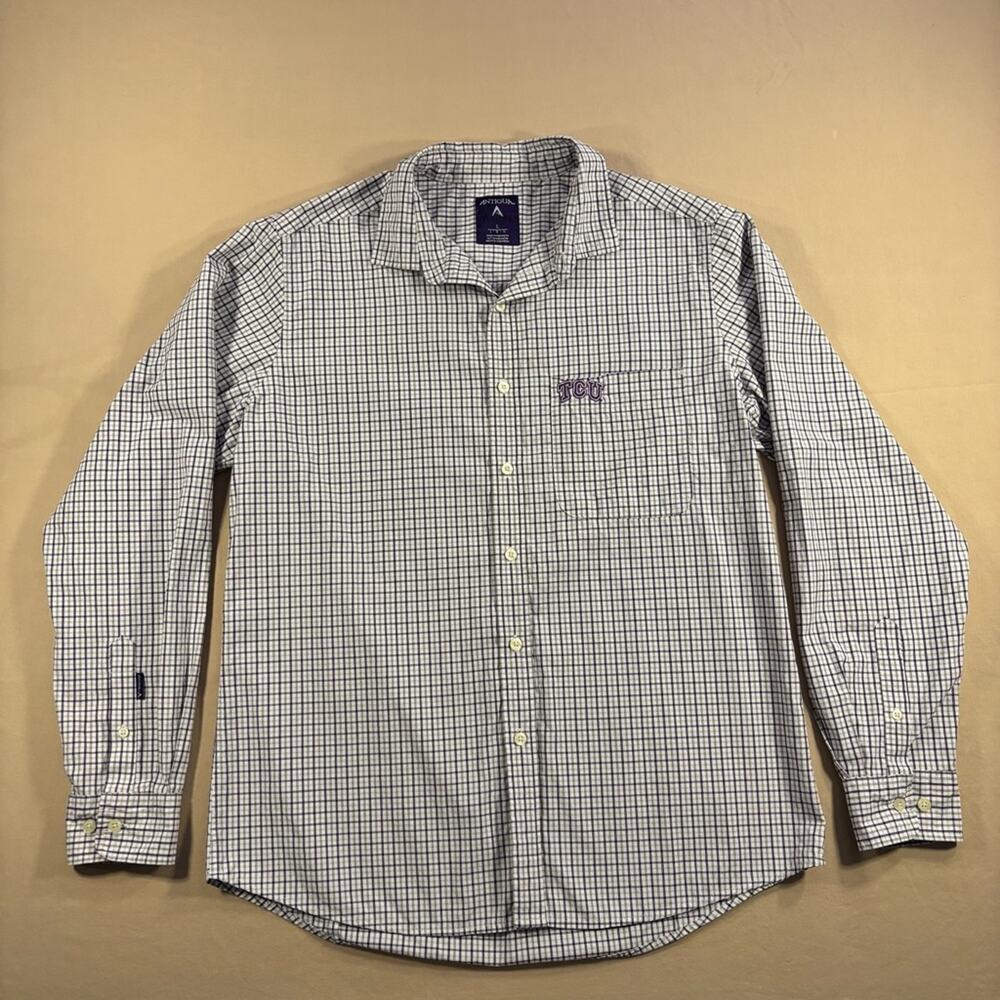 Antigua Men's TCU White Purple Plaid Long Sleeve Button Down Shirt Size Large
